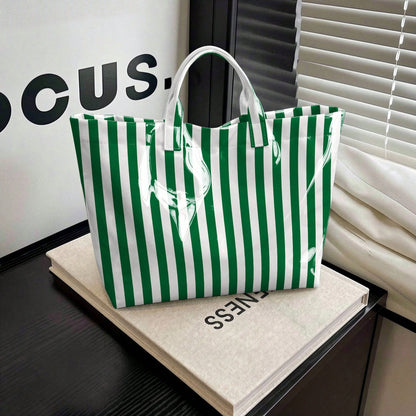 1pc Women' PVC Geometric Color-Blocked Stripes Design Tote Bag, Modern Fashion Lightweight Handbag, Multi Functional Commuter Travel Bag