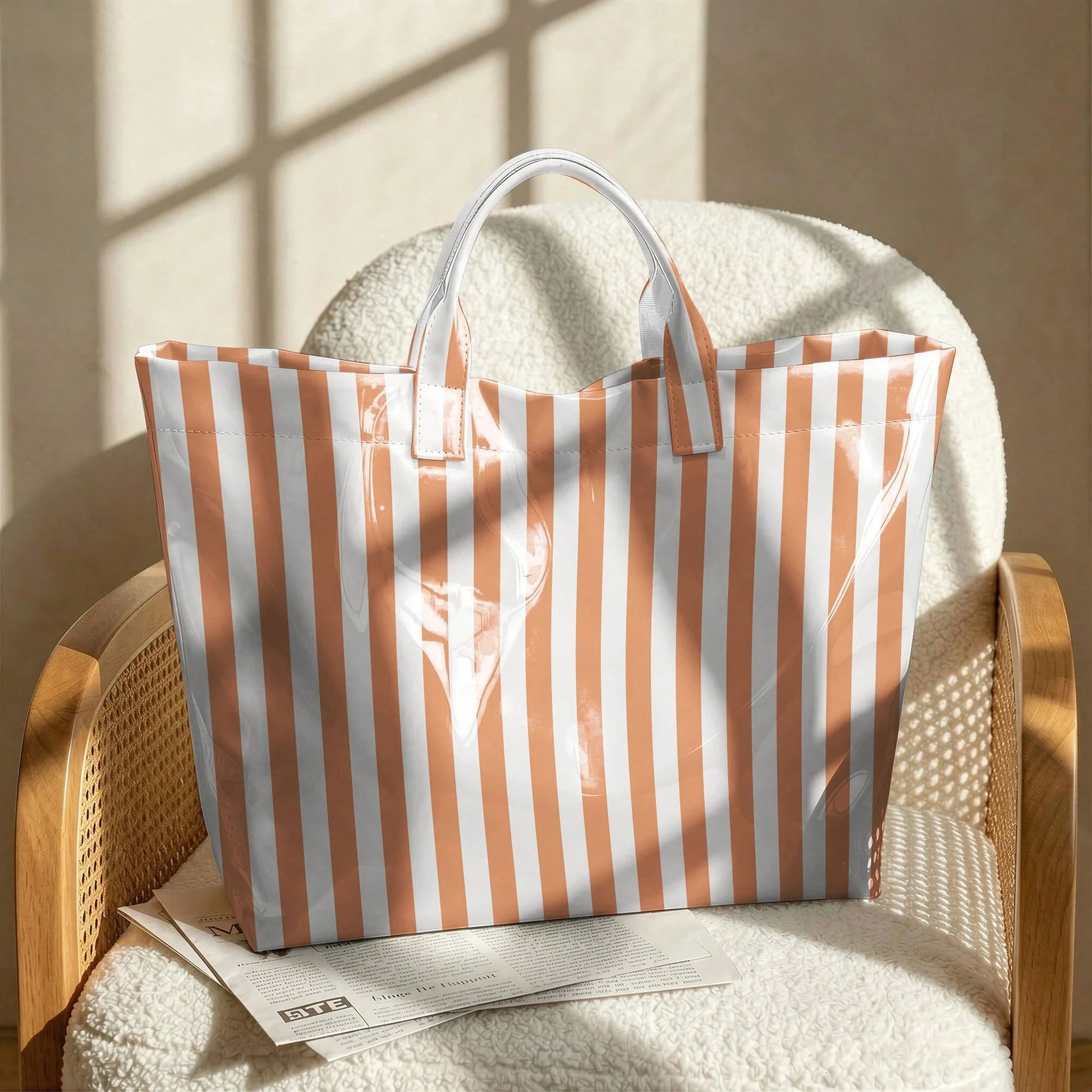 1pc Women' PVC Geometric Color-Blocked Stripes Design Tote Bag, Modern Fashion Lightweight Handbag, Multi Functional Commuter Travel Bag