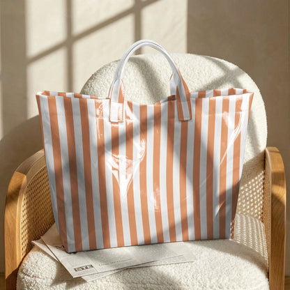 1pc Women' PVC Geometric Color-Blocked Stripes Design Tote Bag, Modern Fashion Lightweight Handbag, Multi Functional Commuter Travel Bag
