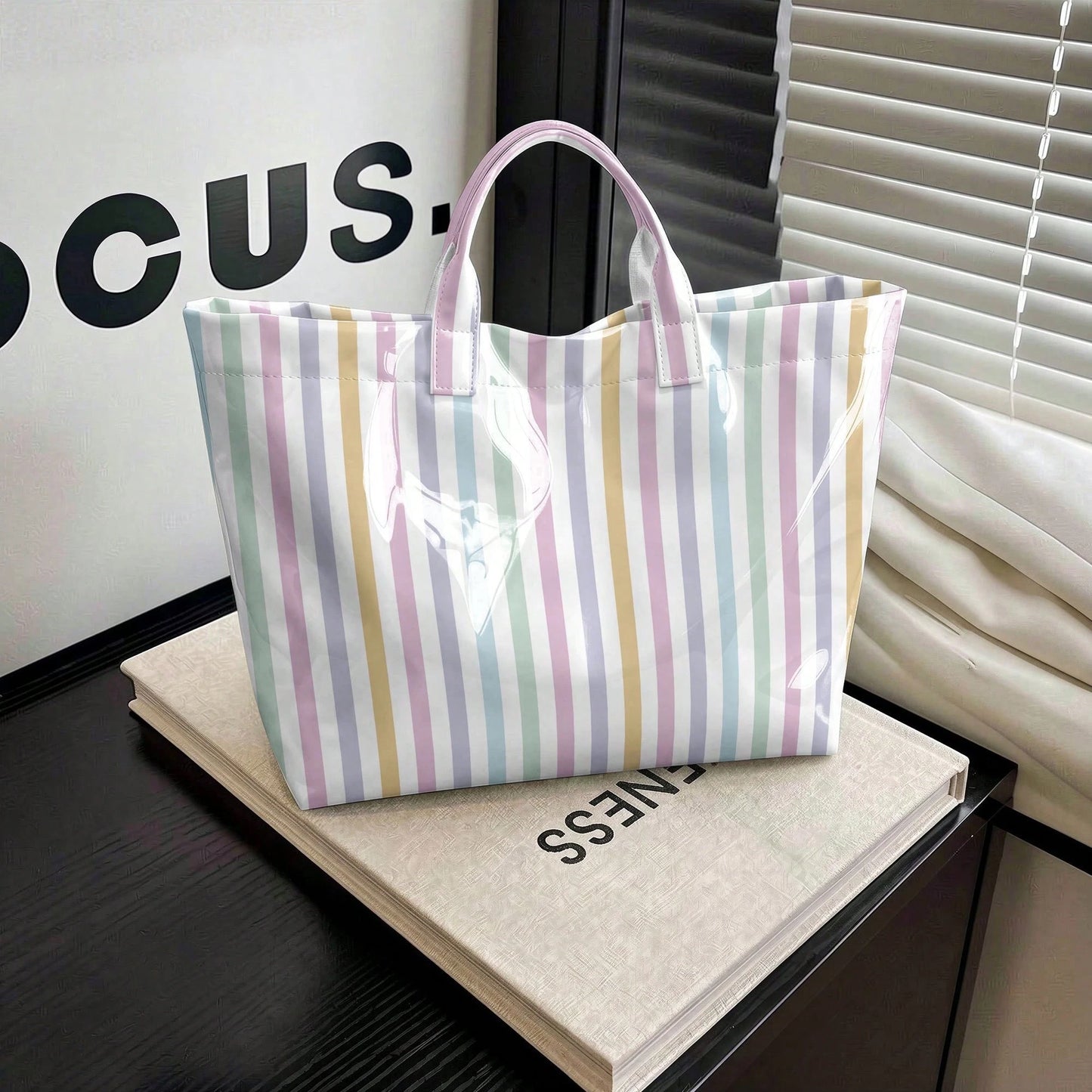 1pc Women' PVC Geometric Color-Blocked Stripes Design Tote Bag, Modern Fashion Lightweight Handbag, Multi Functional Commuter Travel Bag