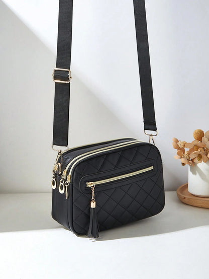 1pc Women's Casual Commuter Crossbody Bag, 4 Zipper Design, Solid Color Personalized Fashion Rhombus Pattern