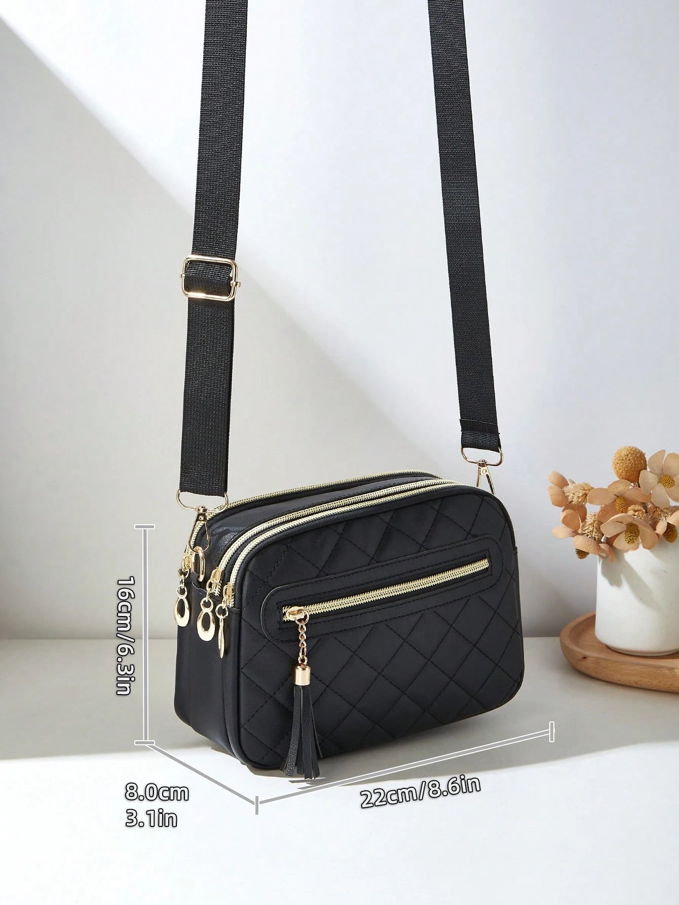 1pc Women's Casual Commuter Crossbody Bag, 4 Zipper Design, Solid Color Personalized Fashion Rhombus Pattern