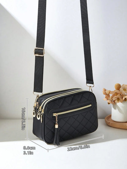 1pc Women's Casual Commuter Crossbody Bag, 4 Zipper Design, Solid Color Personalized Fashion Rhombus Pattern