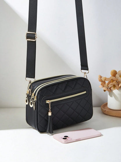 1pc Women's Casual Commuter Crossbody Bag, 4 Zipper Design, Solid Color Personalized Fashion Rhombus Pattern
