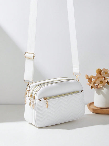 1pc Women's Casual Commuter Crossbody Bag, 4 Zipper Design, Solid Color Personalized Fashion Rhombus Pattern