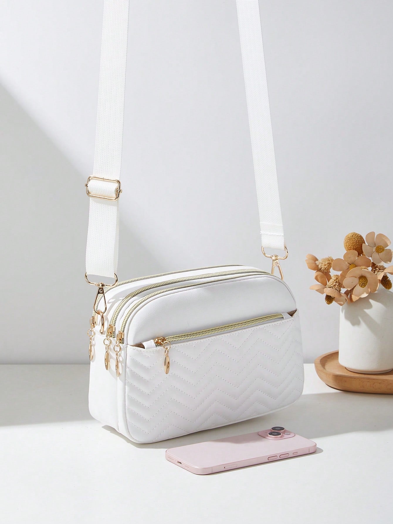 1pc Women's Casual Commuter Crossbody Bag, 4 Zipper Design, Solid Color Personalized Fashion Rhombus Pattern