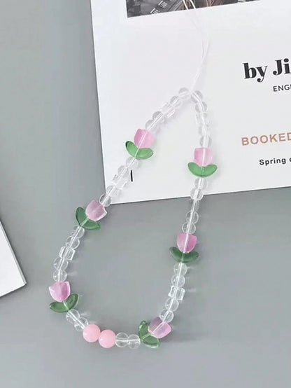 1pc Women's Cute Crystal Tulip Flower Phone Lanyard, Suitable For Phone Accessories, Birthday Gift, Halloween (Some Bead Colors Random, Due To Batch Differences, Individual Accessories May Vary)