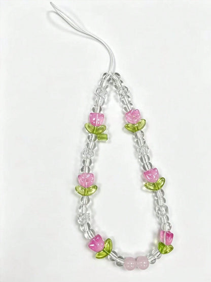 1pc Women's Cute Crystal Tulip Flower Phone Lanyard, Suitable For Phone Accessories, Birthday Gift, Halloween (Some Bead Colors Random, Due To Batch Differences, Individual Accessories May Vary)