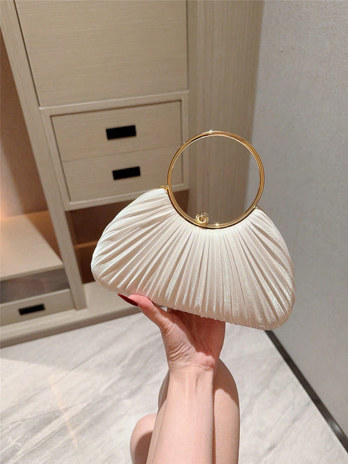 1pc Women's Elegant Box-Shaped Pleated Design Clutch Bag- Luxurious Glitter Bracelet Handle Formal Party Handbag, Bride, Wedding Items