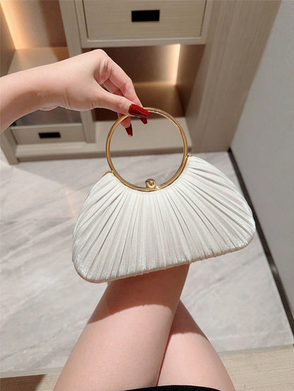 1pc Women's Elegant Box-Shaped Pleated Design Clutch Bag- Luxurious Glitter Bracelet Handle Formal Party Handbag, Bride, Wedding Items