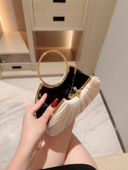 1pc Women's Elegant Box-Shaped Pleated Design Clutch Bag- Luxurious Glitter Bracelet Handle Formal Party Handbag, Bride, Wedding Items