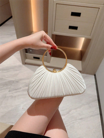 1pc Women's Elegant Box-Shaped Pleated Design Clutch Bag- Luxurious Glitter Bracelet Handle Formal Party Handbag, Bride, Wedding Items