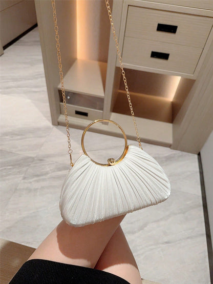 1pc Women's Elegant Box-Shaped Pleated Design Clutch Bag- Luxurious Glitter Bracelet Handle Formal Party Handbag, Bride, Wedding Items