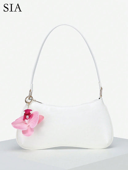 1pc Women's Vintage Vacation Marine Life Faux Pearl Cherry Blossom Beaded Faux Fur Tail Woven Pendant Shoulder Underarm Baguette Bag Suitable For Dating, Outings, Vacation
