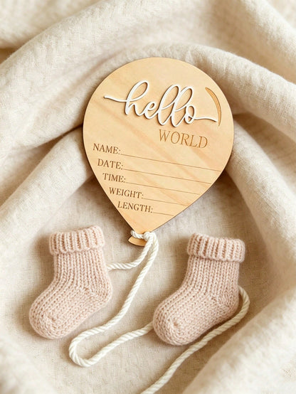 1pc Wooden Newborn Announcement Decoration, Hello World Balloon Sign With Hanging Rope, Birth Details, Wooden Keepsake, Nursery Decor, Newborn Photo Prop