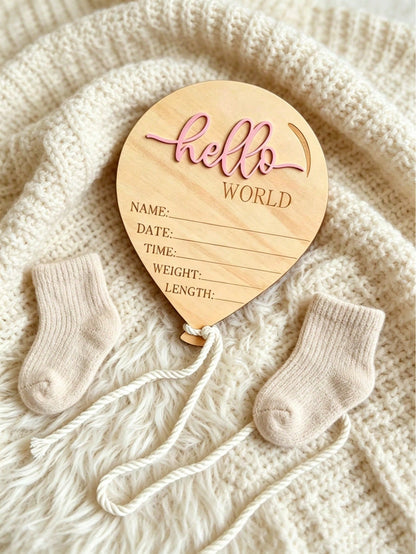 1pc Wooden Newborn Announcement Decoration, Hello World Balloon Sign With Hanging Rope, Birth Details, Wooden Keepsake, Nursery Decor, Newborn Photo Prop