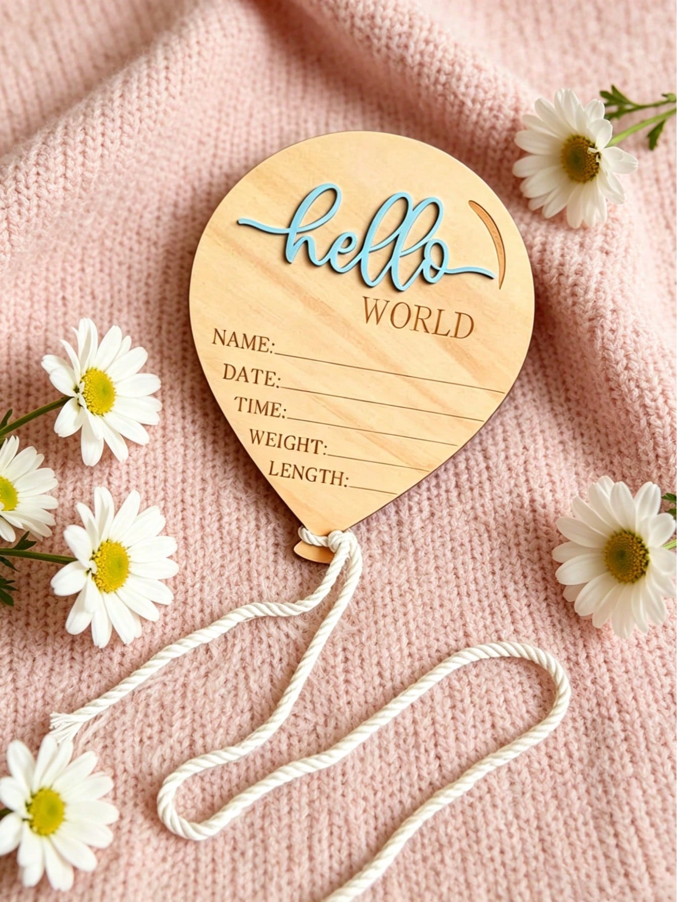 1pc Wooden Newborn Announcement Decoration, Hello World Balloon Sign With Hanging Rope, Birth Details, Wooden Keepsake, Nursery Decor, Newborn Photo Prop