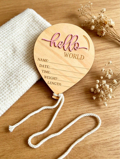 1pc Wooden Newborn Announcement Decoration, Hello World Balloon Sign With Hanging Rope, Birth Details, Wooden Keepsake, Nursery Decor, Newborn Photo Prop