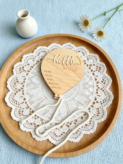 1pc Wooden Newborn Announcement Decoration, Hello World Balloon Sign With Hanging Rope, Birth Details, Wooden Keepsake, Nursery Decor, Newborn Photo Prop
