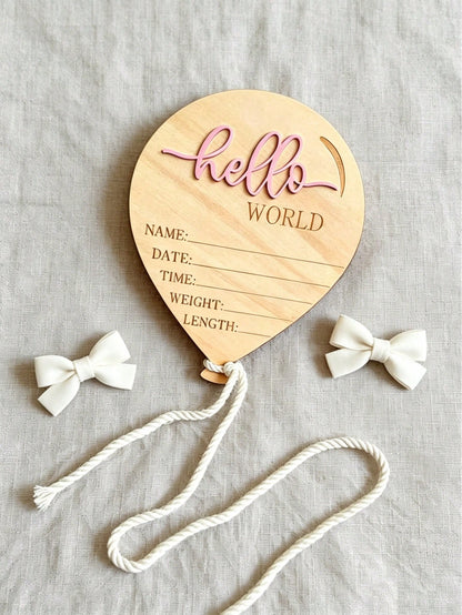 1pc Wooden Newborn Announcement Decoration, Hello World Balloon Sign With Hanging Rope, Birth Details, Wooden Keepsake, Nursery Decor, Newborn Photo Prop