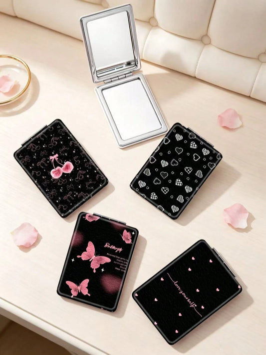 1PC Y2K Series Portable Folding Makeup Mirror, Lightweight Ultra-Thin Convenient Durable PU Leather, Suitable For Various Occasions, Travel, Party, Work, School, Suitable For All Ages
