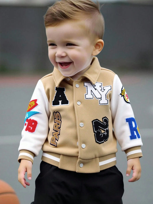 1pc Young Boy Streetwear Casual Jacket,Autumn,Career Day,Back-To-School,Stand Collar,White Sleeve Contrast Brown,Flocked Patch,Rib Cuff & Hem,Warm