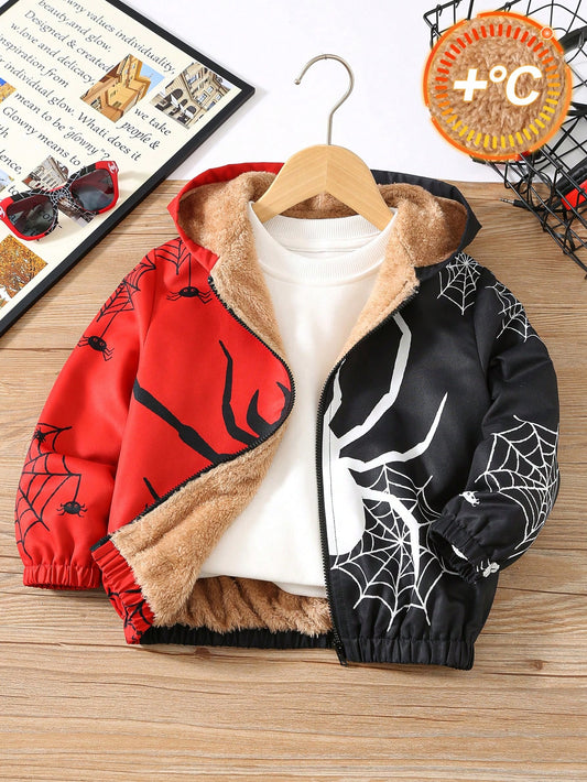 1pc Young Boys' Spider Thermal Lined Hooded Jacket,Winter,Career Day Casual Street Wear,Autumn Winter Outings,School,Birthday,Holiday Party Outwear