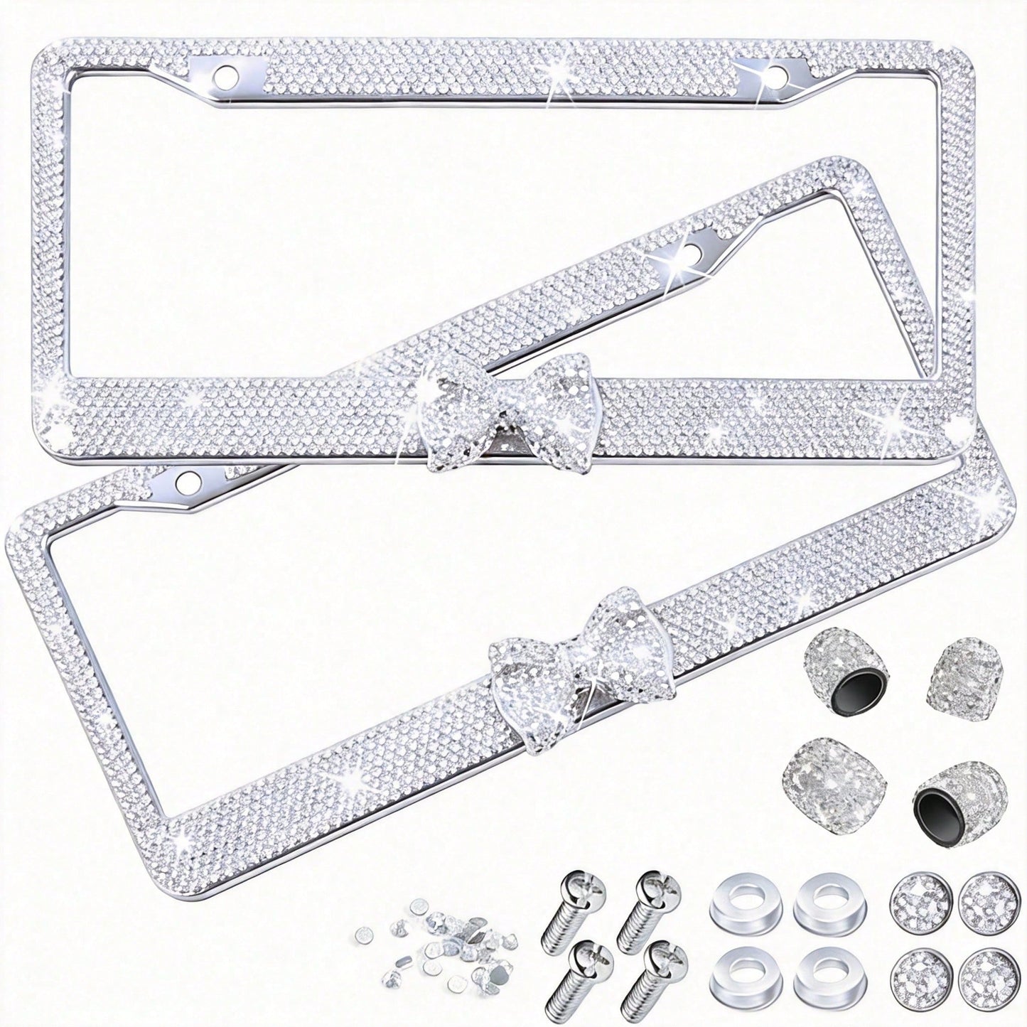1PCS Bling License Plate Frame For Women, Rhinestone Bow Car License Plate Holder,Handmade Glitter Crystal Diamond Lincense Plate Cover