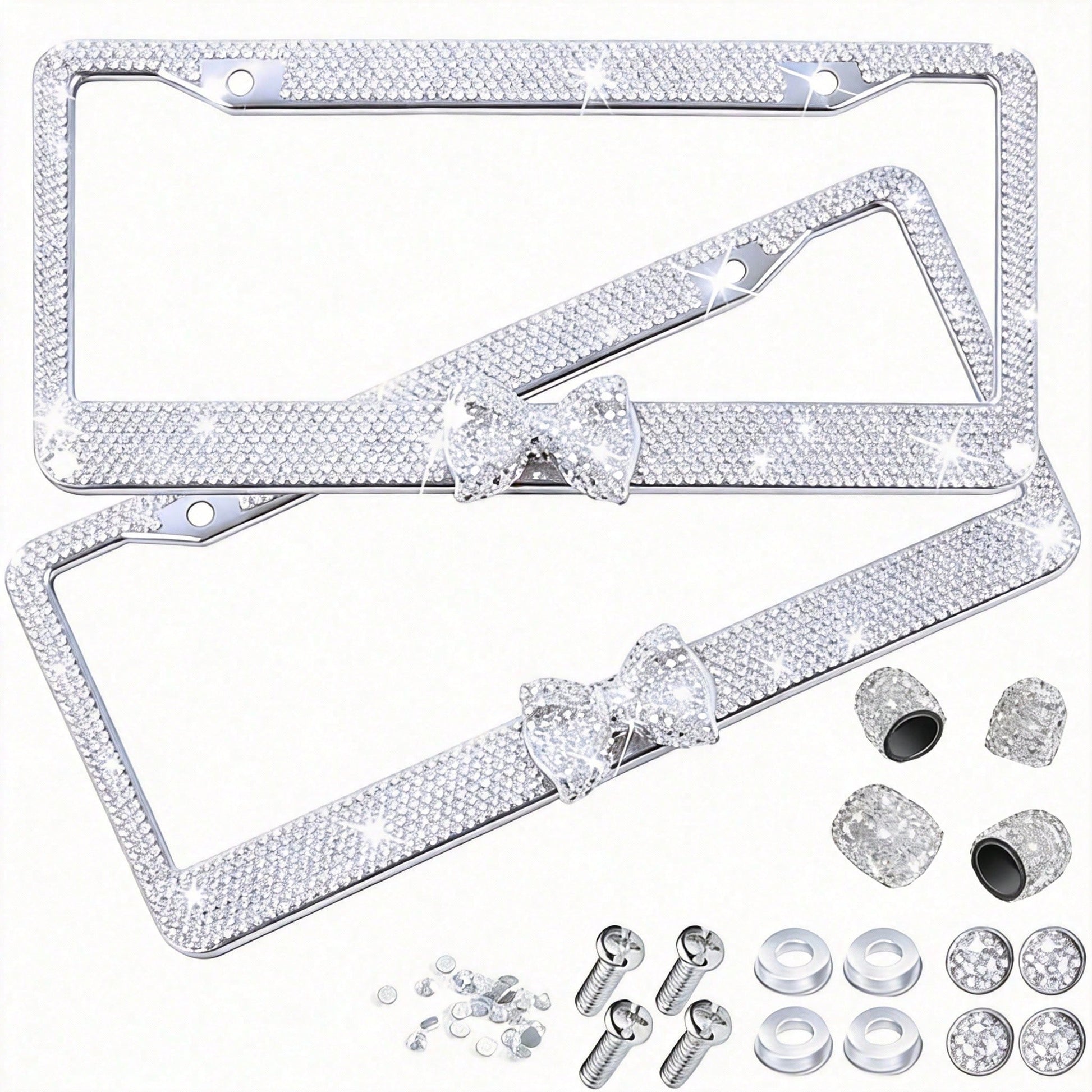 1PCS Bling License Plate Frame For Women, Rhinestone Bow Car License Plate Holder,Handmade Glitter Crystal Diamond Lincense Plate Cover
