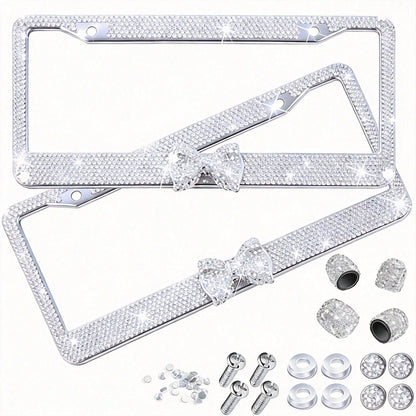 1PCS Bling License Plate Frame For Women, Rhinestone Bow Car License Plate Holder,Handmade Glitter Crystal Diamond Lincense Plate Cover