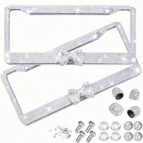 1PCS Bling License Plate Frame For Women, Rhinestone Bow Car License Plate Holder,Handmade Glitter Crystal Diamond Lincense Plate Cover