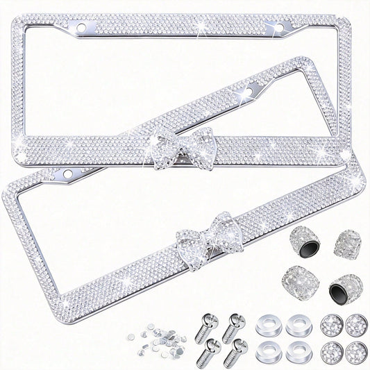 1PCS Bling License Plate Frame For Women, Rhinestone Bow Car License Plate Holder,Handmade Glitter Crystal Diamond Lincense Plate Cover