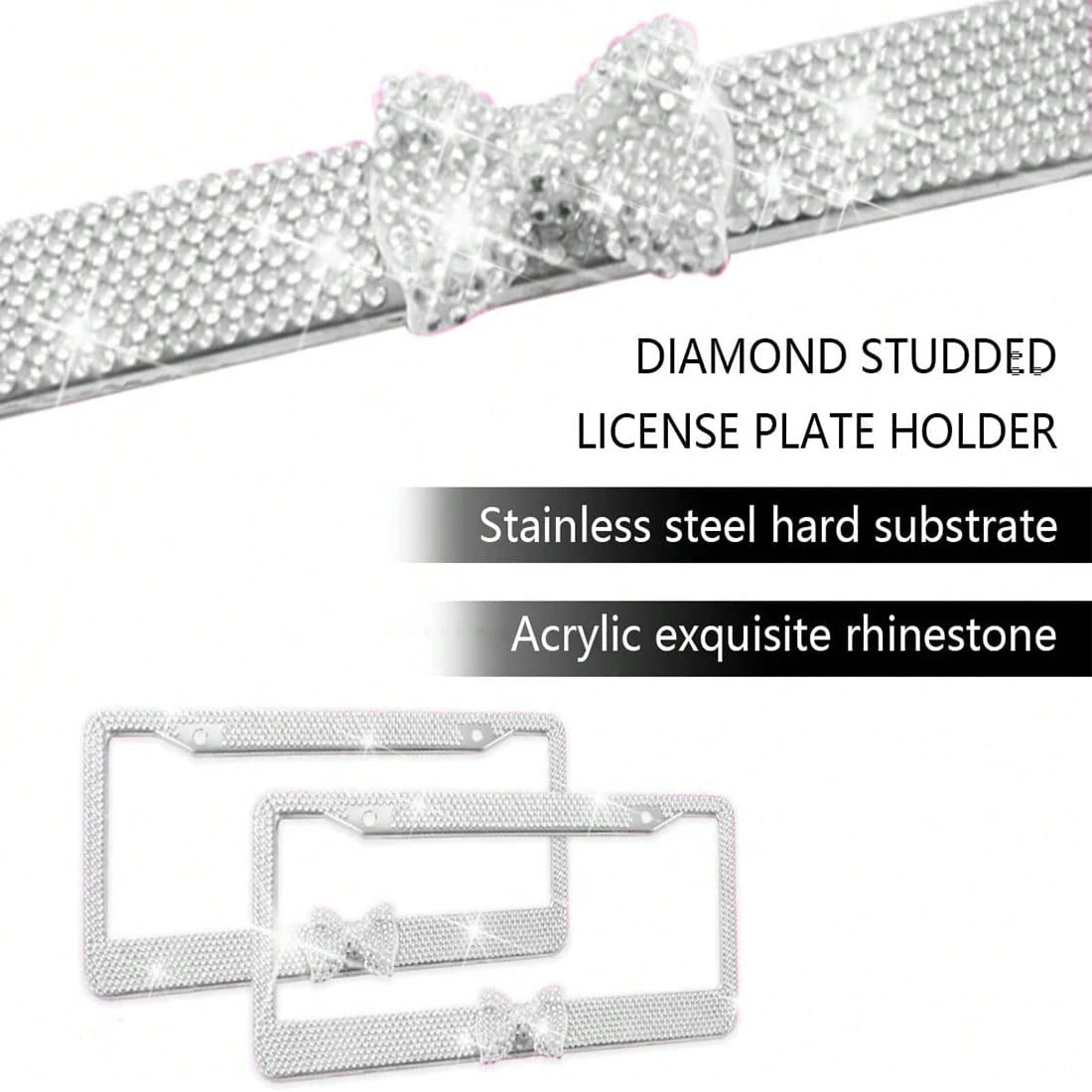 1PCS Bling License Plate Frame For Women, Rhinestone Bow Car License Plate Holder,Handmade Glitter Crystal Diamond Lincense Plate Cover