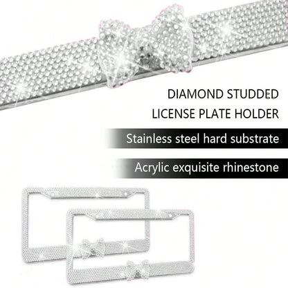 1PCS Bling License Plate Frame For Women, Rhinestone Bow Car License Plate Holder,Handmade Glitter Crystal Diamond Lincense Plate Cover