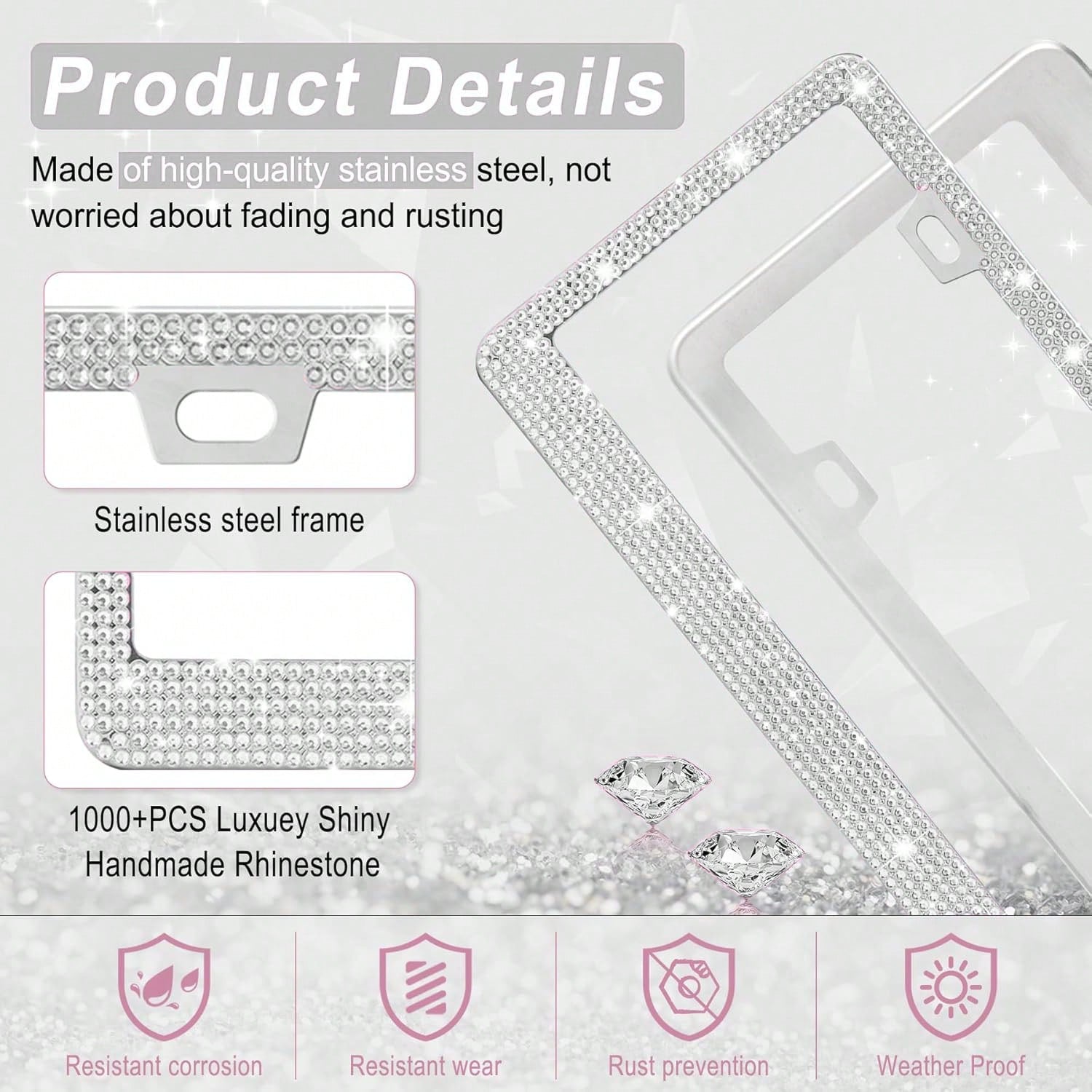 1PCS Bling License Plate Frame For Women, Rhinestone Bow Car License Plate Holder,Handmade Glitter Crystal Diamond Lincense Plate Cover