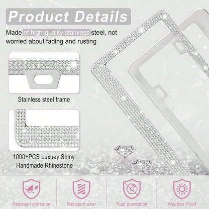 1PCS Bling License Plate Frame For Women, Rhinestone Bow Car License Plate Holder,Handmade Glitter Crystal Diamond Lincense Plate Cover
