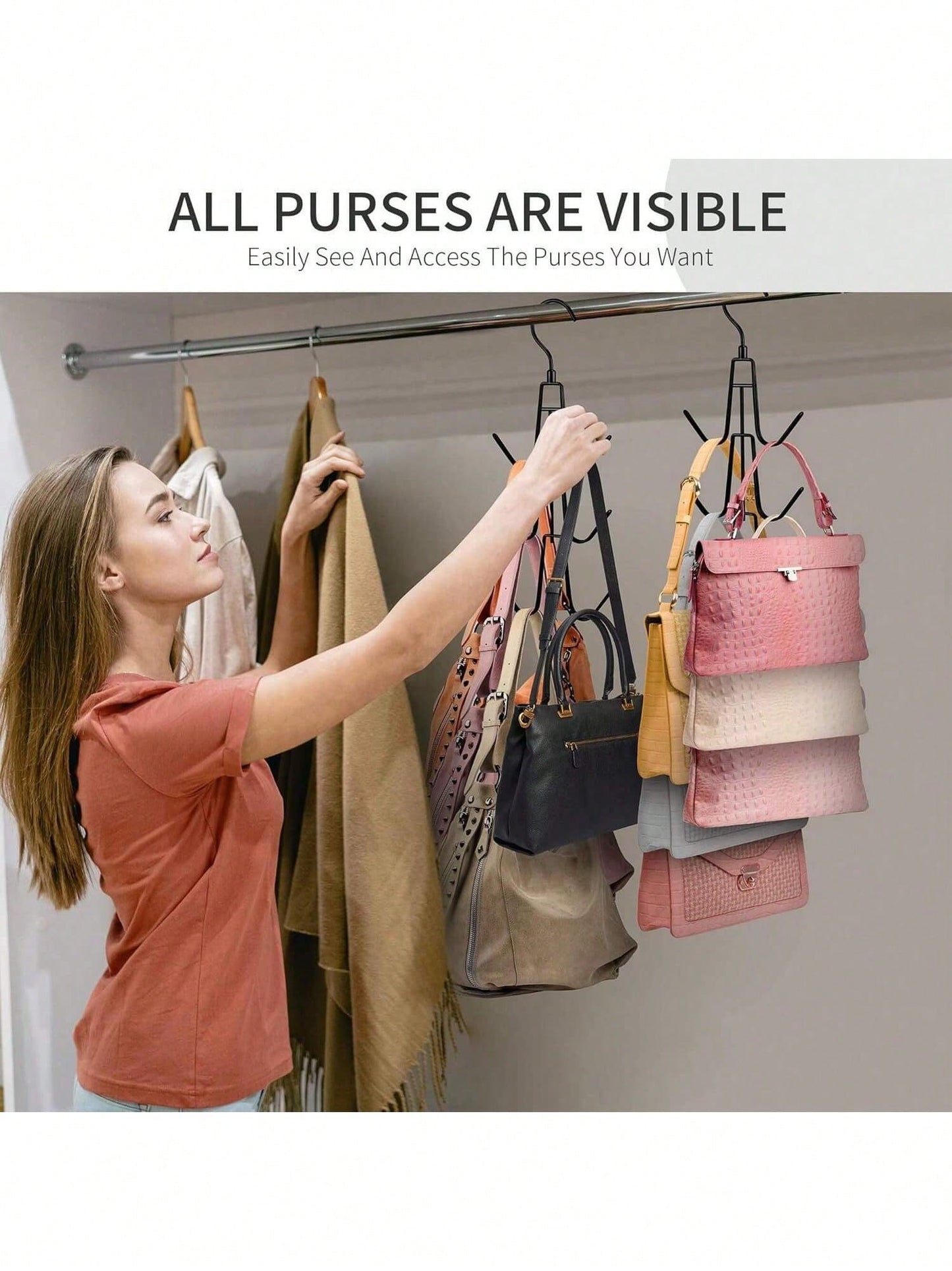 1PCS Wardrobe Bag Organizer With Rotating Hooks For Easy Hanging And Storage Of Bags, Keeping Bags Visible; Metal Handbag Hooks; Backpack Rack; Saves Wardrobe Space; Black