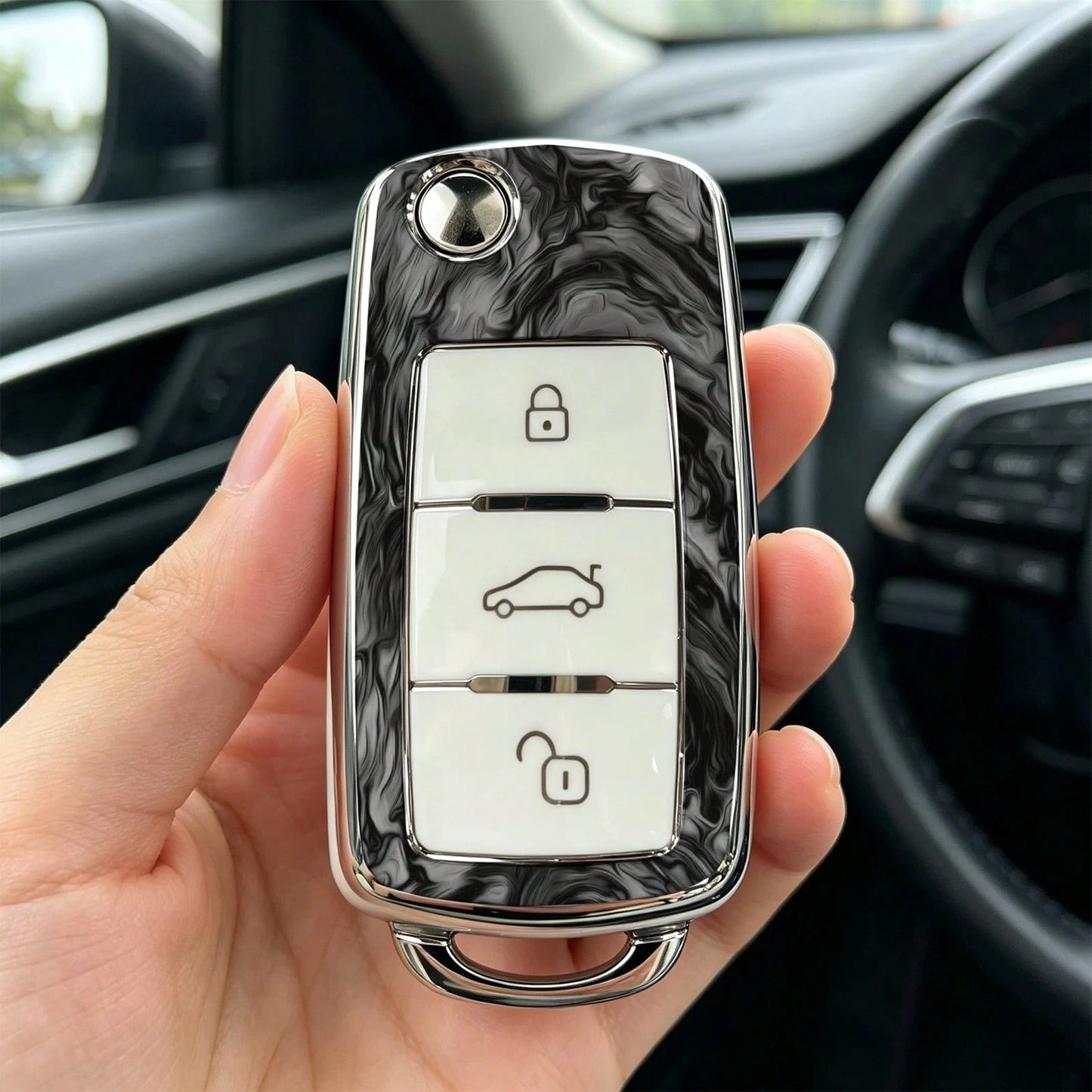 1pieza Car Key Case-Modern Print,Suitable For Jetta Mk6, Polo Mk5, Golf Mk6, Tiguan Mk1, Passat B7, Passat NMS, Caddy Mk3, Beetle, Amarok, Touran Mk1. Advanced Soft-Touch, Does Not Block Signal, Unise