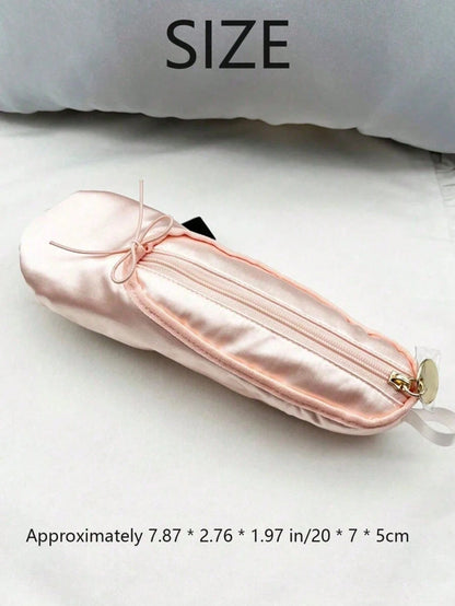 2/1pc Cute Pink Satin Ballet Shoe Shaped Makeup Bag Mini Zipper Cosmetic Pouch Bow Decor Small Lipstick Jewelry Storage Purse Portable Travel Beauty Accessory