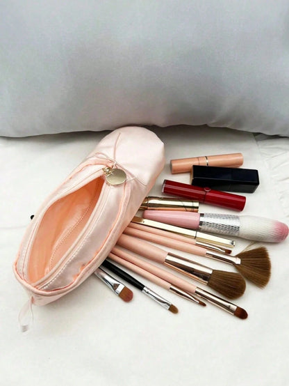 2/1pc Cute Pink Satin Ballet Shoe Shaped Makeup Bag Mini Zipper Cosmetic Pouch Bow Decor Small Lipstick Jewelry Storage Purse Portable Travel Beauty Accessory