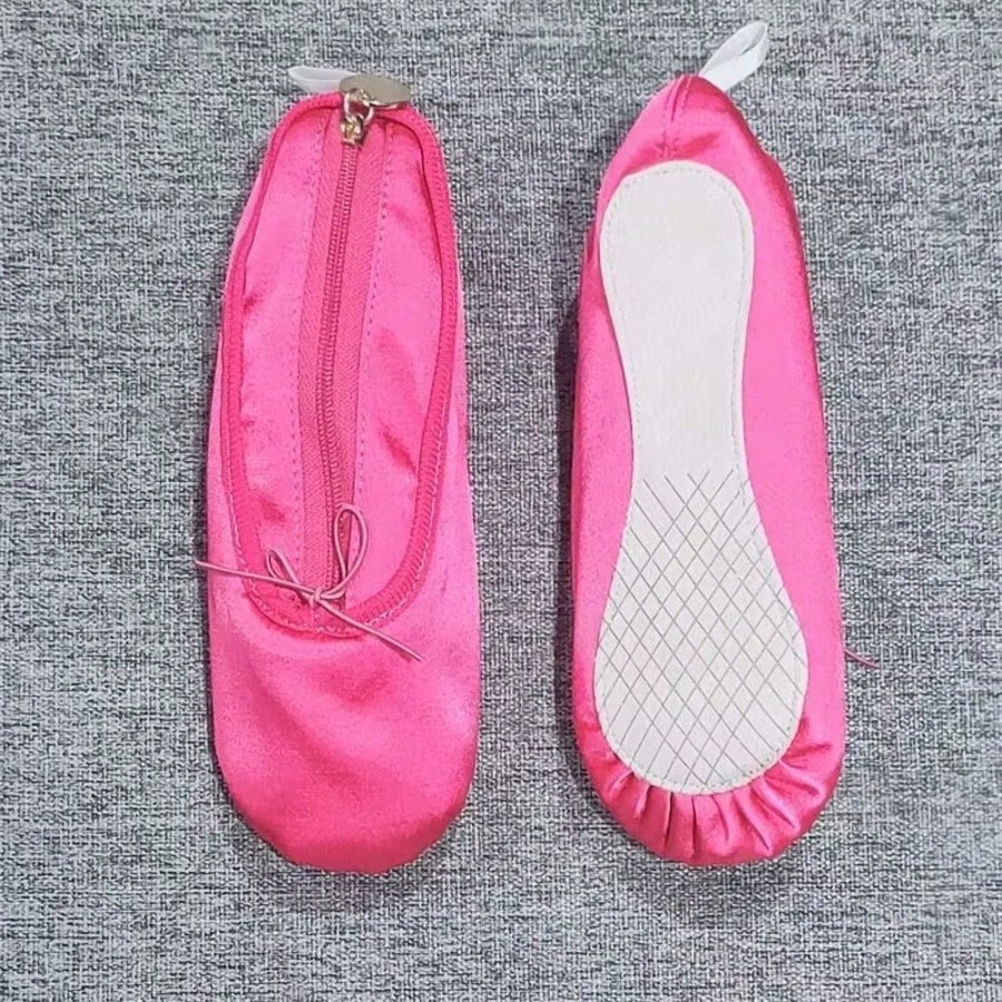2/1pc Cute Pink Satin Ballet Shoe Shaped Makeup Bag Mini Zipper Cosmetic Pouch Bow Decor Small Lipstick Jewelry Storage Purse Portable Travel Beauty Accessory