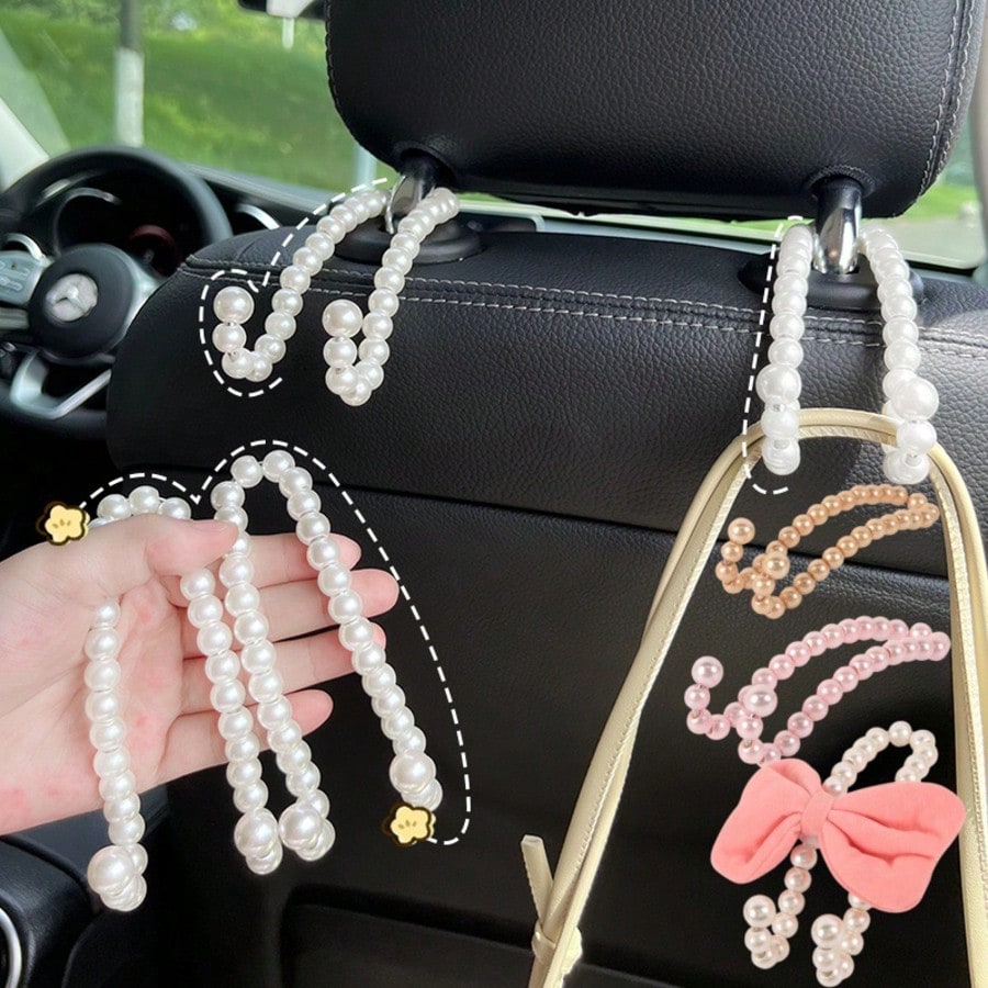 2/1pc Pearl Car Seat Back Hook, Universal Storage Organizer Hook, Car Interior Accessory