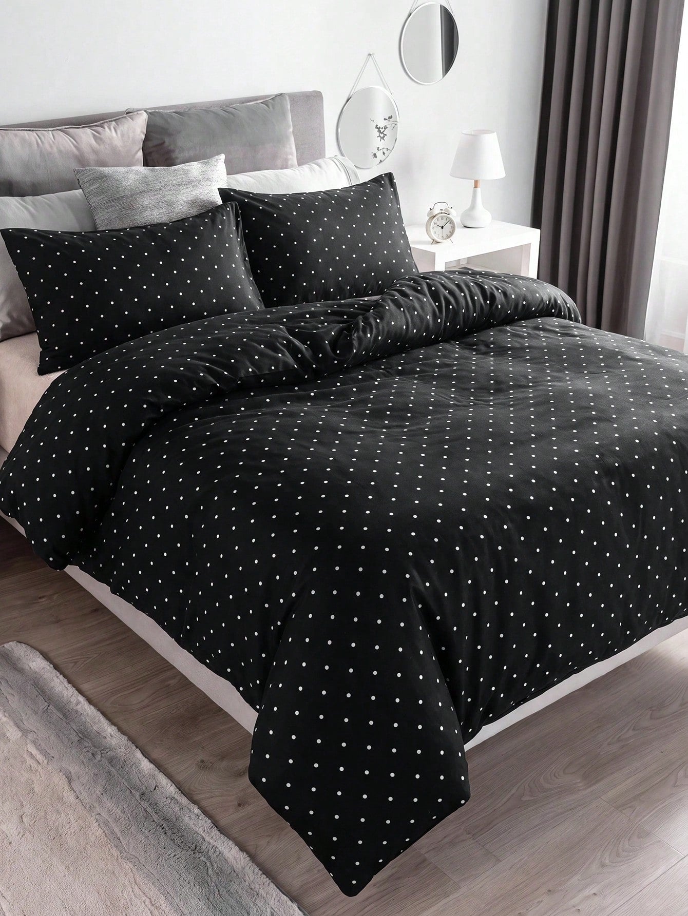 2/3pcs Minimalist Black & White Polka Dot Print Duvet Cover Set (No Duvet Insert), Soft & Breathable All-Season Bedding (1pc*Duvet Cover + 1/2pcs*Pillowcases, No Pillow Inserts), Soft Dual-Color Beddi