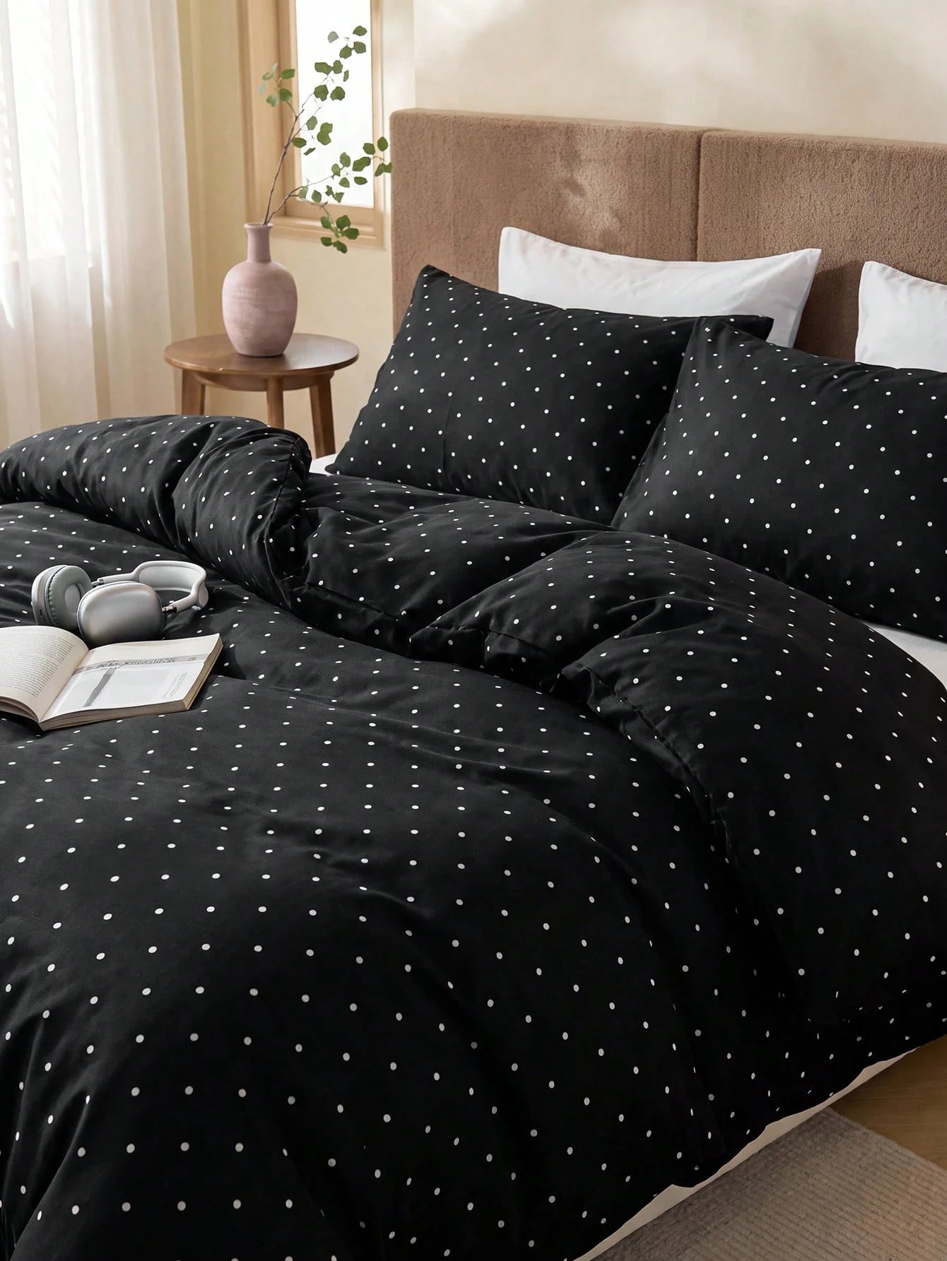 2/3pcs Minimalist Black & White Polka Dot Print Duvet Cover Set (No Duvet Insert), Soft & Breathable All-Season Bedding (1pc*Duvet Cover + 1/2pcs*Pillowcases, No Pillow Inserts), Soft Dual-Color Beddi