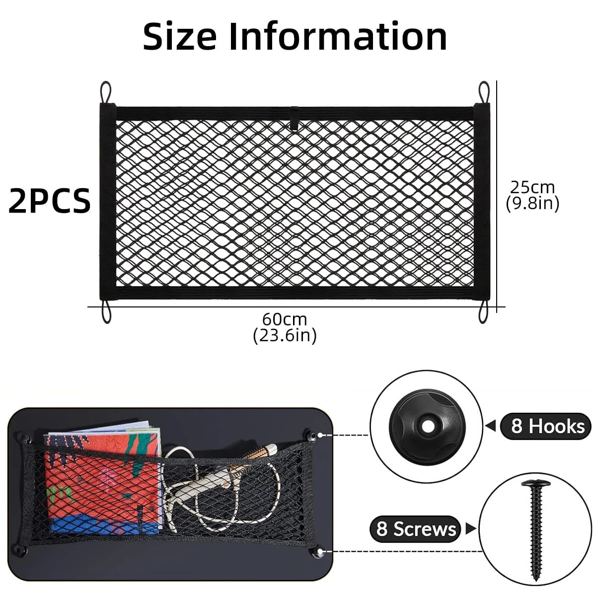 2/4/8Pcs 23.6'' X 9.8'' Universal Elastic Mesh Netting Car Pouch For Trunk RV Boats Home Cargo Storage With Screws And Hooks