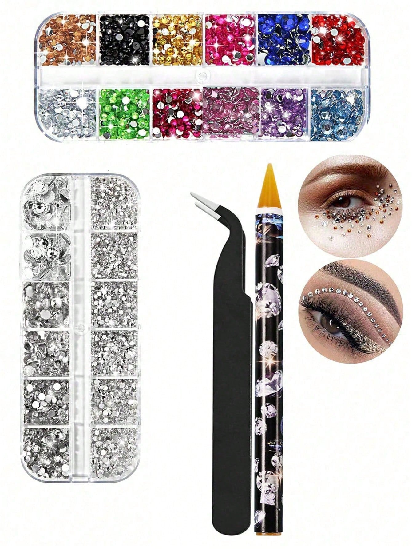 2 Boxes Face Gems, Nail Art Decorations, Multi-Color Flat Rhinestones, Includes Nail Tools And Dotting Pen, Suitable For Makeup, Nail Art, Body Hair Crafts, Nail Supplies Nails Nail Charms