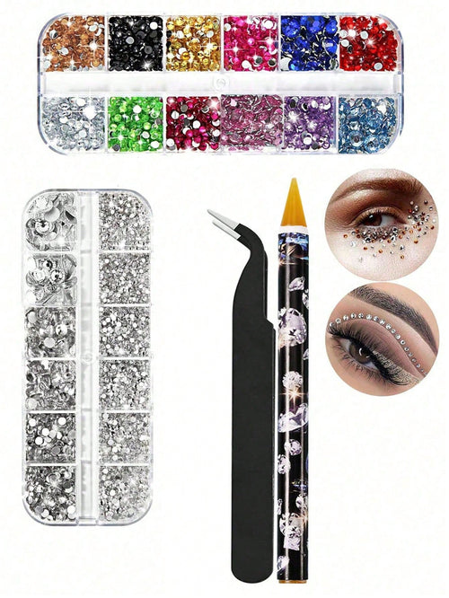 2 Boxes Face Gems, Nail Art Decorations, Multi-Color Flat Rhinestones, Includes Nail Tools And Dotting Pen, Suitable For Makeup, Nail Art, Body Hair Crafts, Nail Supplies Nails Nail Charms