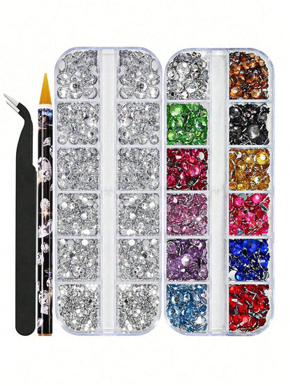2 Boxes Face Gems, Nail Art Decorations, Multi-Color Flat Rhinestones, Includes Nail Tools And Dotting Pen, Suitable For Makeup, Nail Art, Body Hair Crafts, Nail Supplies Nails Nail Charms