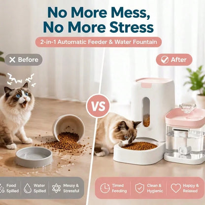2-In-1 All-In-One Automatic Pet Feeder And Water Dispenser Set, 3.6L Automatic Food Dispenser, 1.8L Circulating Water Fountain, Super Quiet, Easy To Clean, Suitable For Cats And Small Dogs