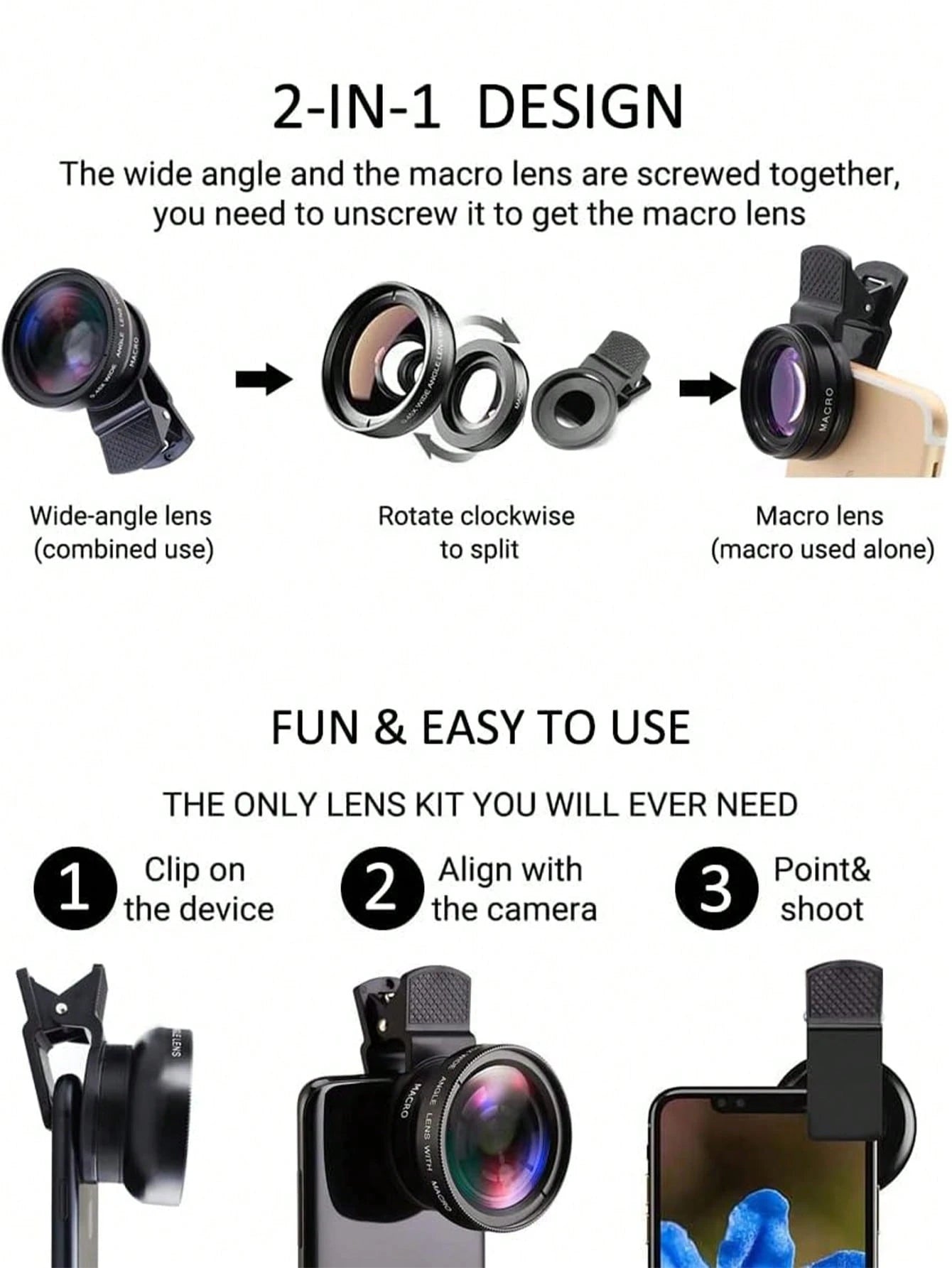 2 In 1 Phone Wide Angle Macro Clip Lens Compatible With Iphone Android Phone For Summer Vacation, Travel, Creative Photography Phone Accessories, Phone Lens